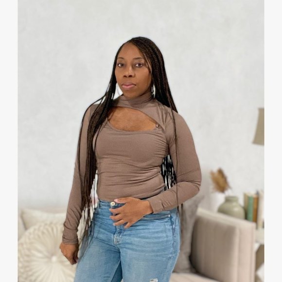 (NWT) Long Sleeve Cut Out Double Layer / Long Crop Top - Cocoa - Picture 4 of 4